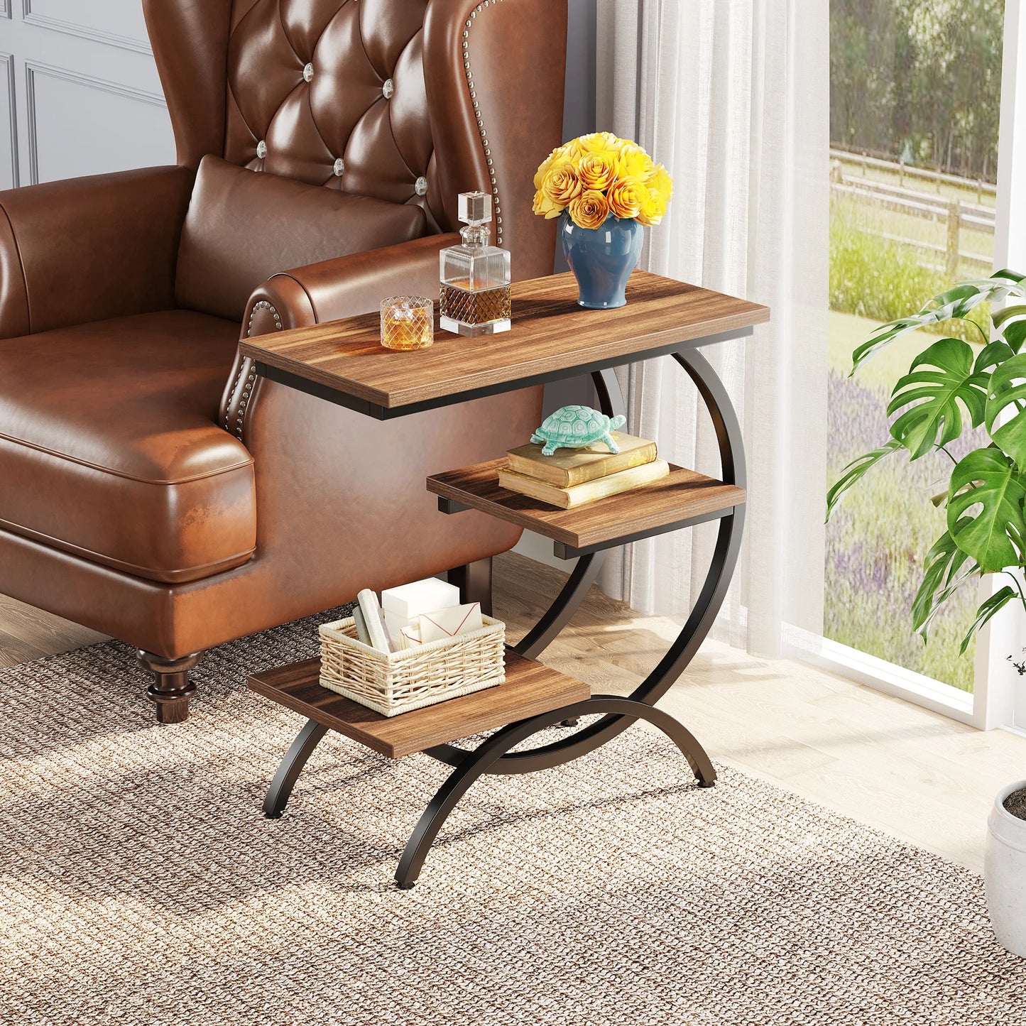 Tribesigns C Shaped End Table 3 Tier Industrial Sofa Side Table With Storage Shelves