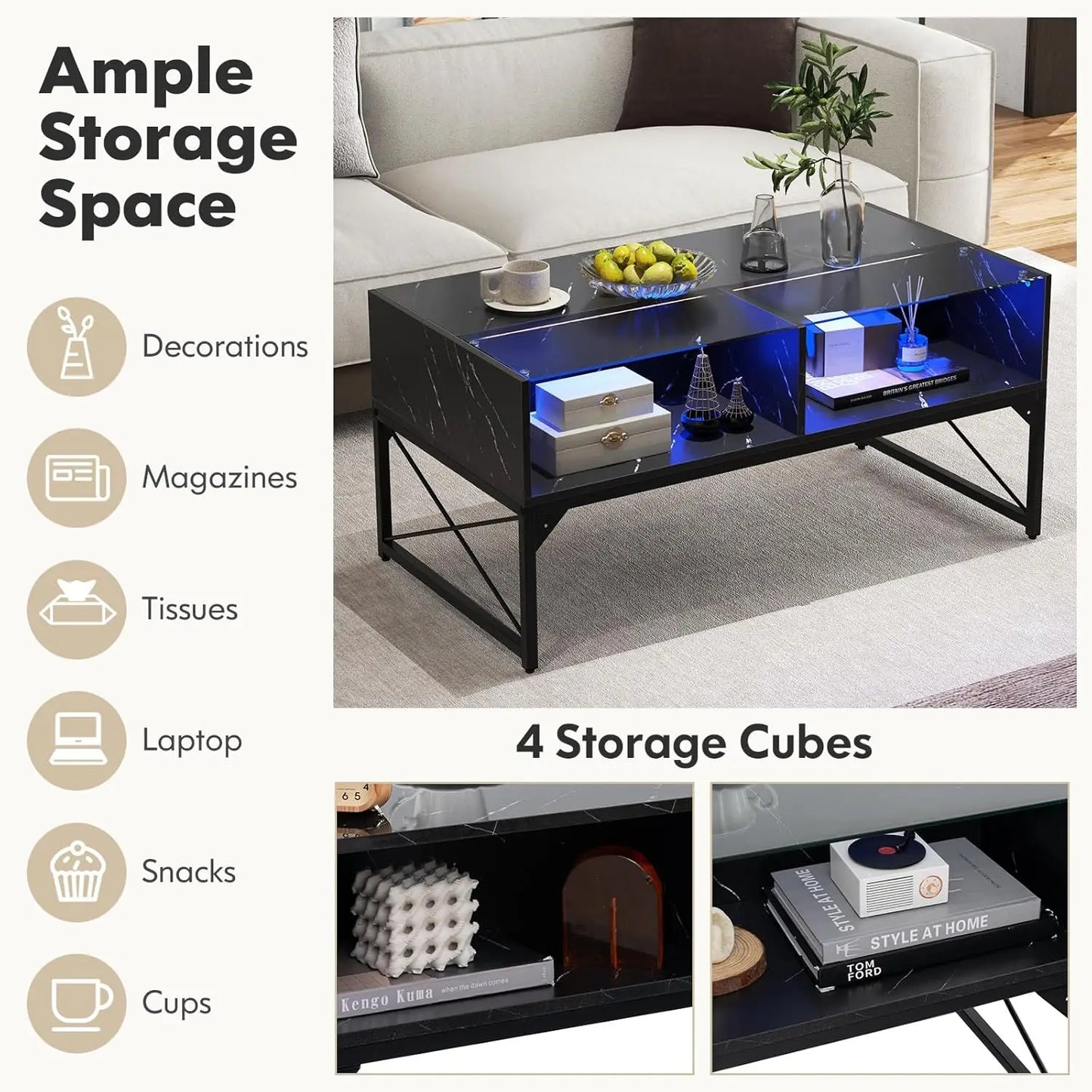 LED Coffee Table With 4 Storage Cubes And Remote Control