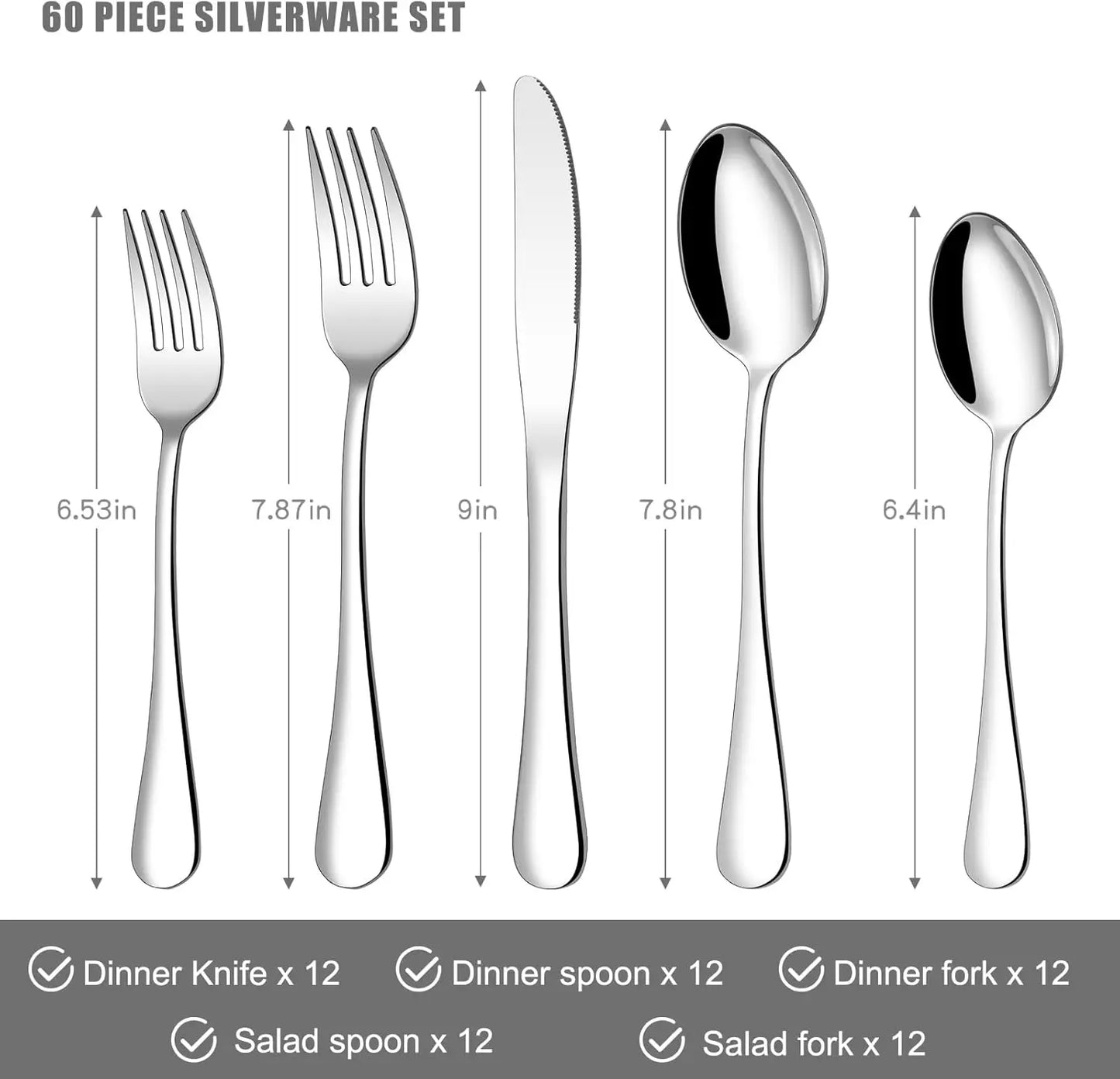 Stainless Steel Flatware Set For 12, Mirror Polished Cutlery