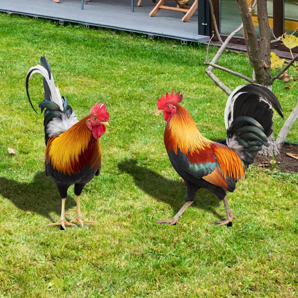 2 Pack Chicken Fence Sculptures Garden Decor Rooster Statues