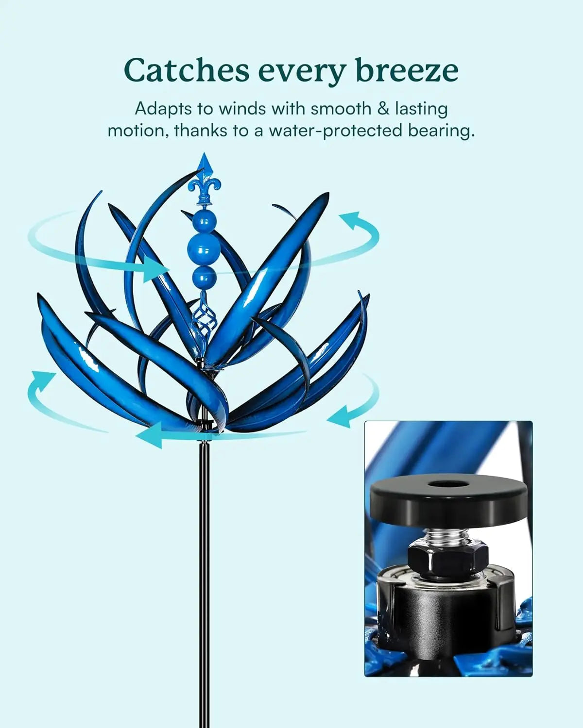 Metal Wind Spinner Garden Decor With Blue Lotus Weather Resistant