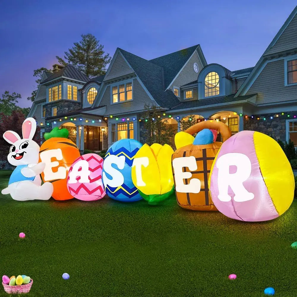 OLOEY Easter Inflatable Bunny Banner With Lights Outdoor Decor