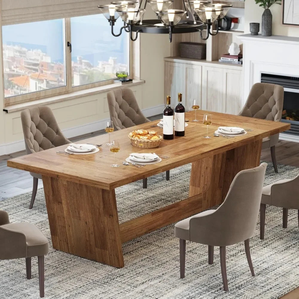 Wooden Farmhouse Dining Table With Sturdy Base