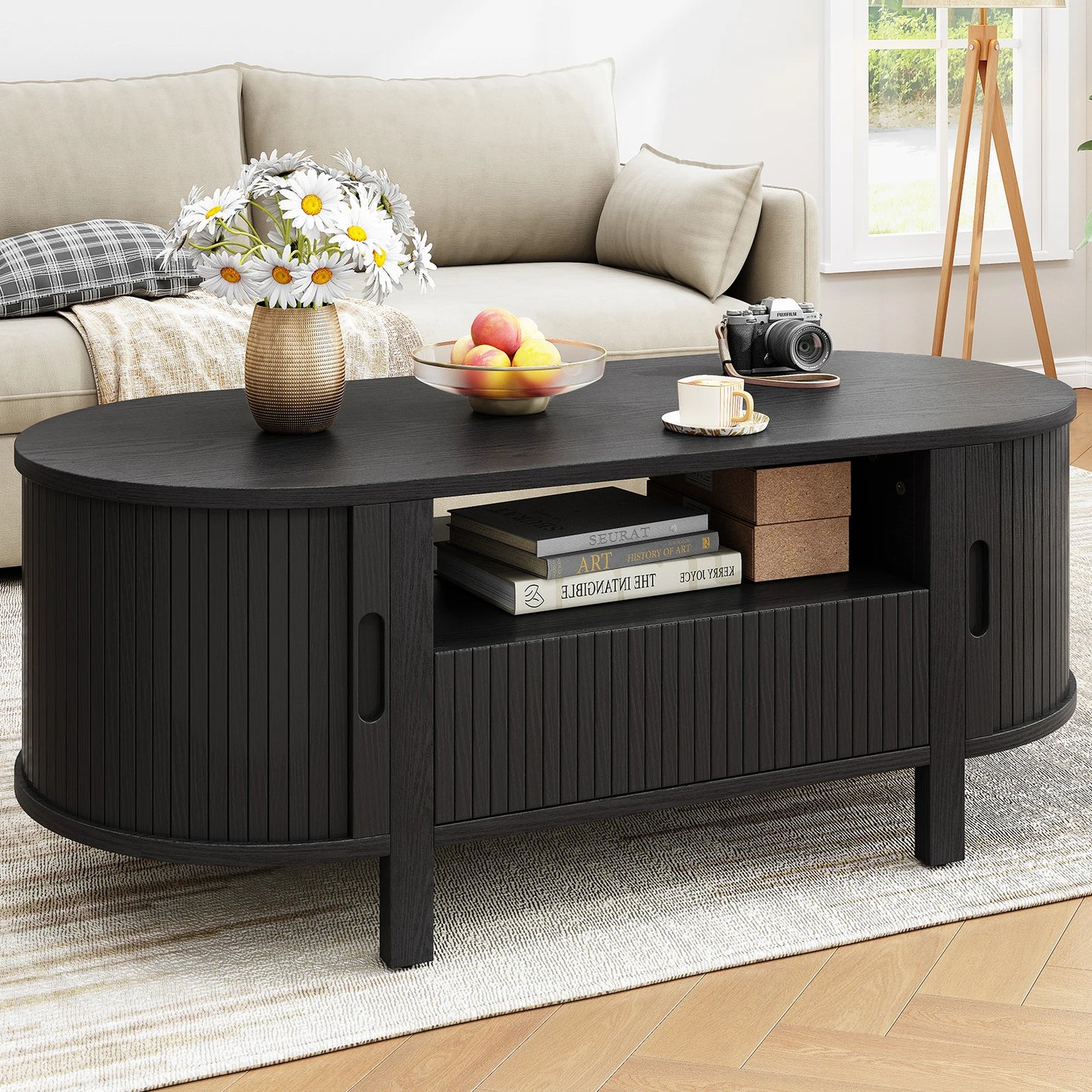 Oval Fluted Coffee Table With Cabinets And Sliding Doors Modern