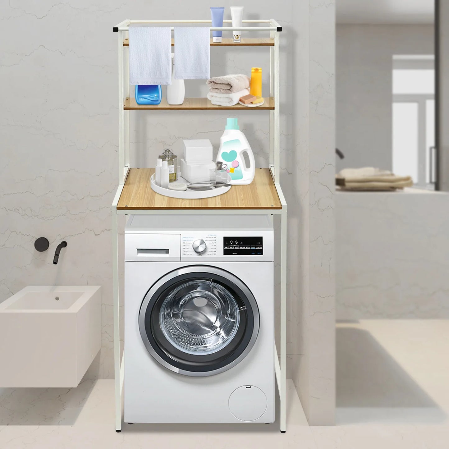 Triple Tier Washer And Dryer Storage Shelf With Hanging Rod