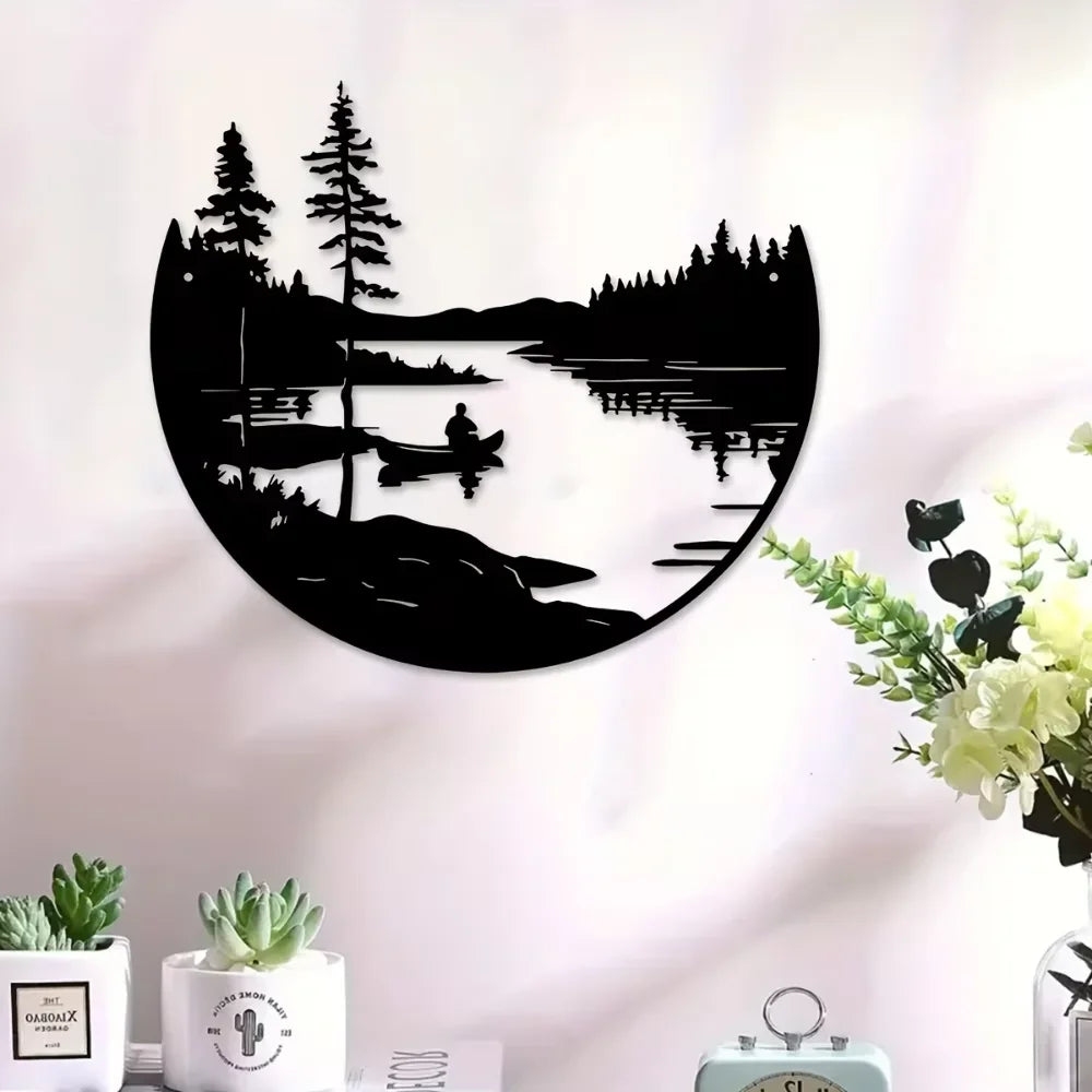 CIFBUY Round Metal Wall Art Bohemian Lake Mountain Silhouette Outdoor