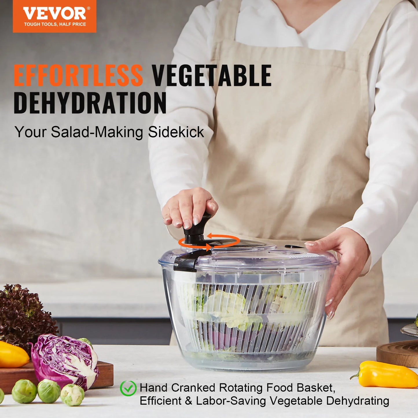 VEVOR Glass Salad Spinner One Handed Easy Press For Greens