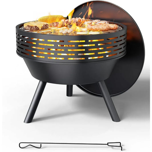 Wood-Burning Outdoor Fire Pit Heavy-Duty With Grill And Cover