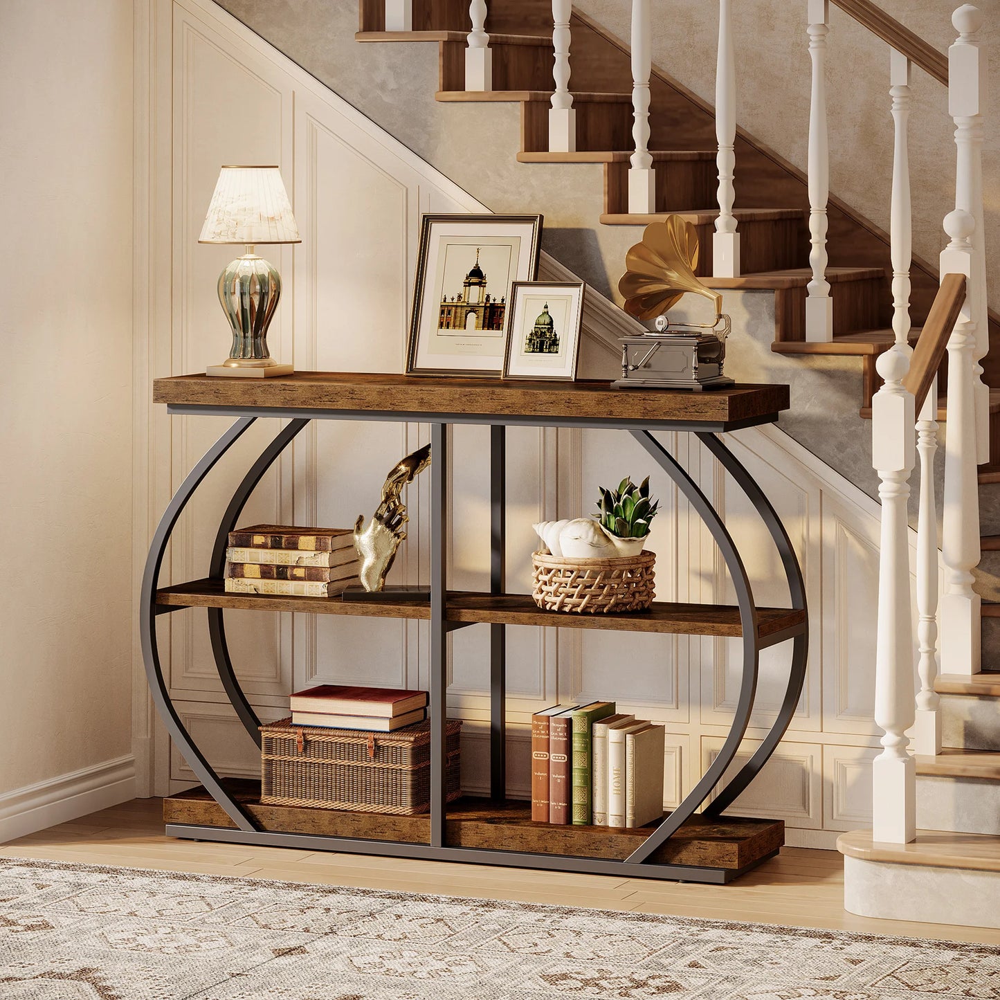 Tribesigns Industrial SteelFrame Console Table ThreeTier Entryway With Storage Shelves