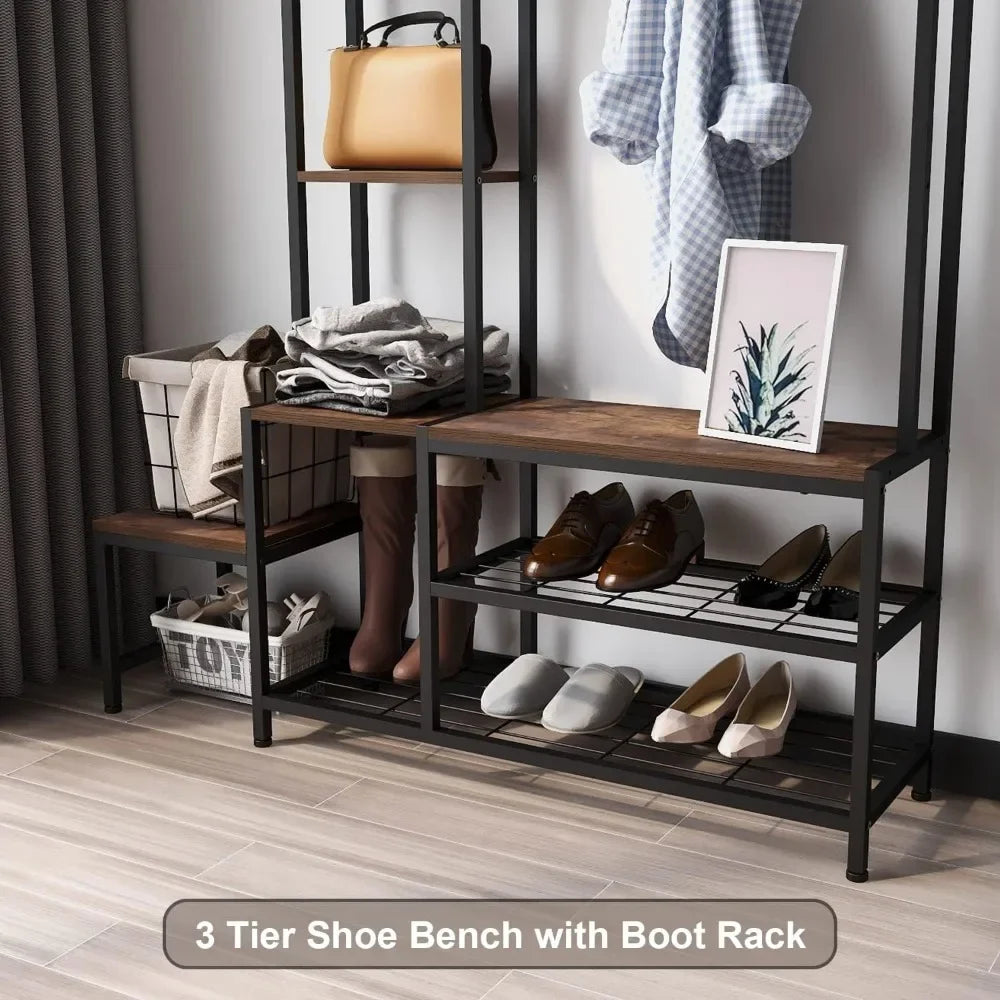 Shoe Storage Bench Coat Rack With 7 Hooks And Shelves