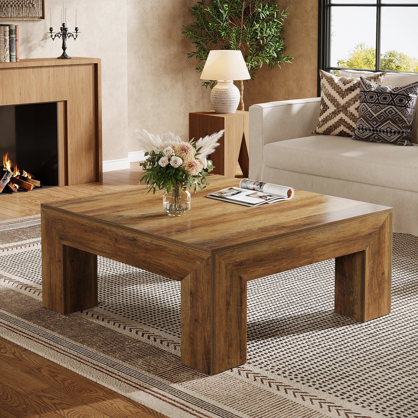 Tribesigns Farmhouse Square Coffee Table Sturdy Wooden Legs