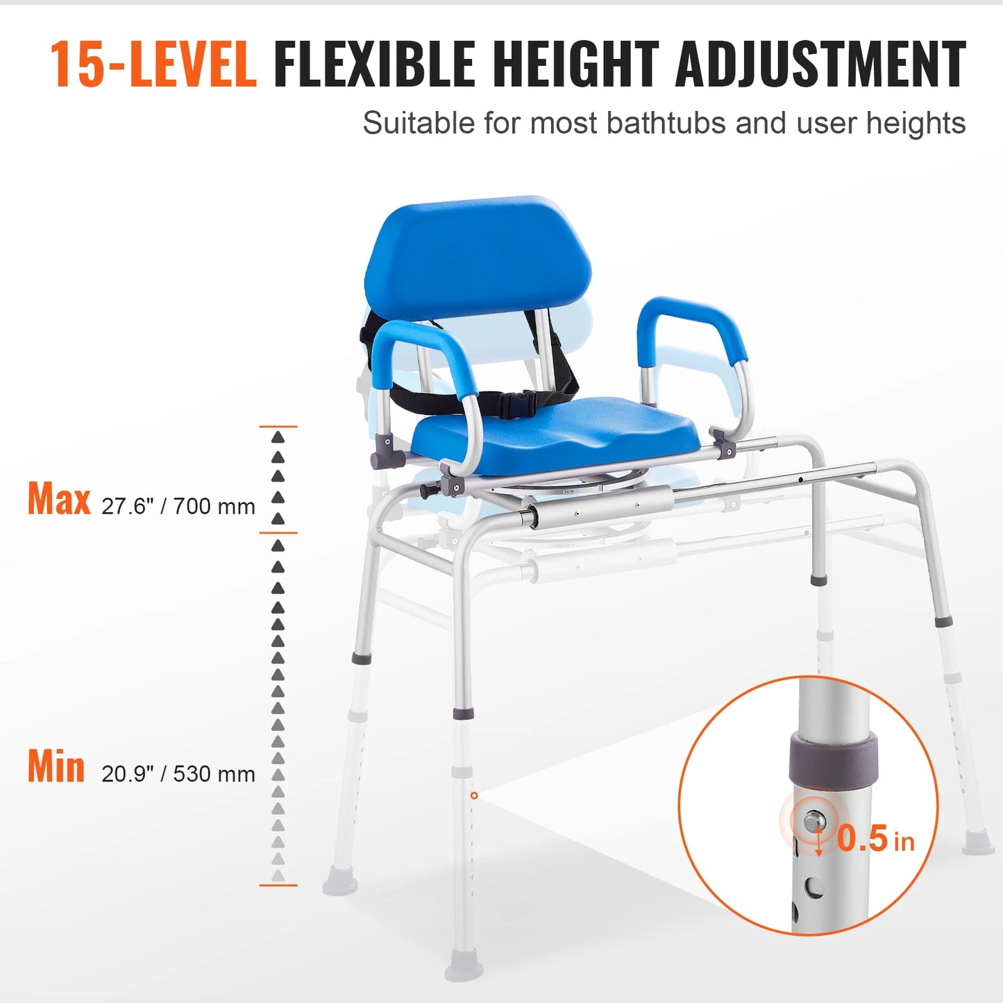 Sliding Tub Transfer Bench With 360 Degree Swivel Seat And Safety Belt