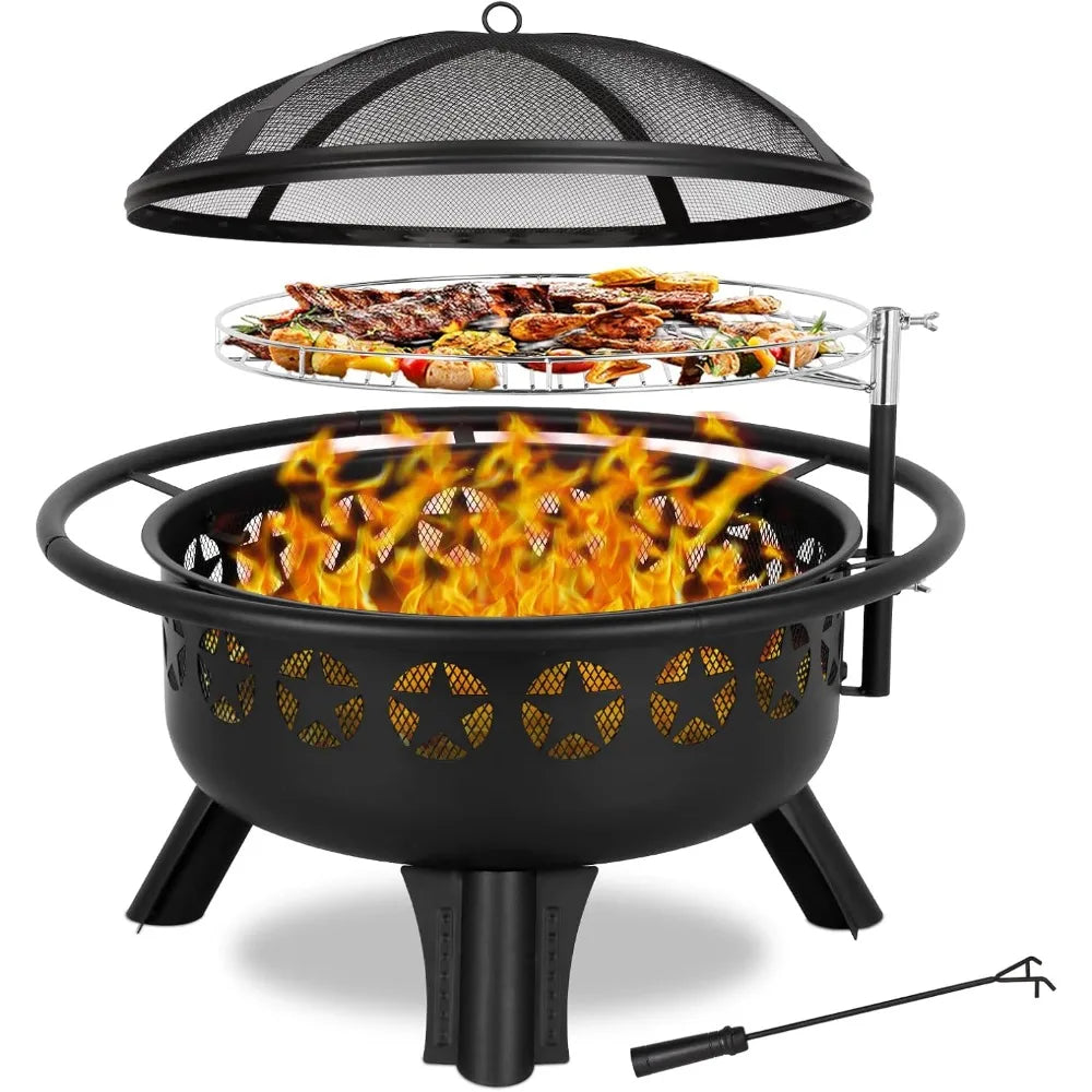 2 In 1 Fire Pit With Grill Swivel Cooking Grate Wood Burning Durable Powder Coated Alloy Steel For Backyard