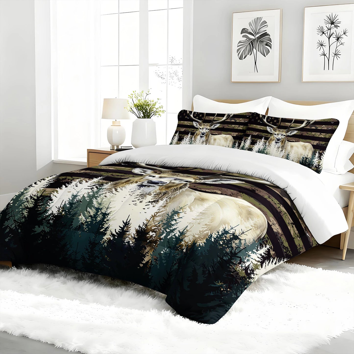 Deer Forest Camouflage Comforter Set With Pillowcases For Woodland Bedroom
