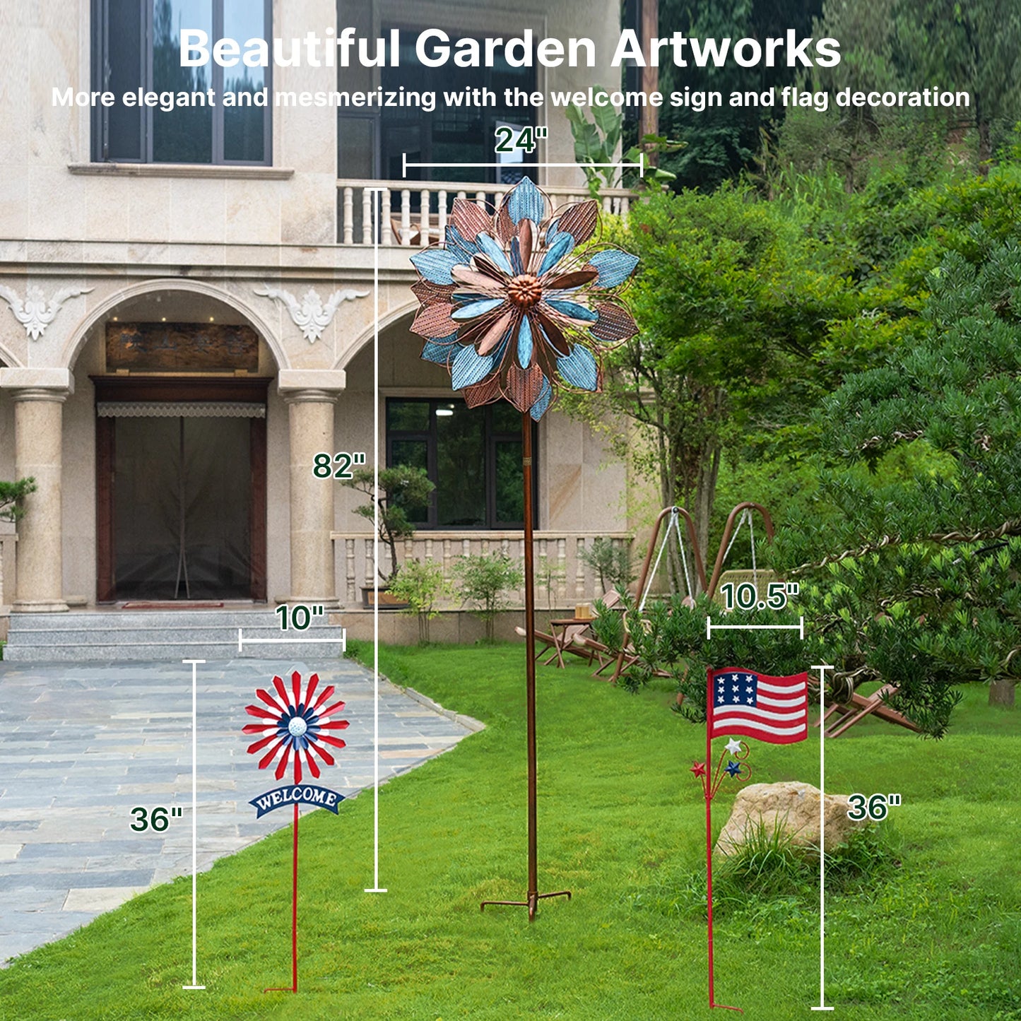 Outdoor Metal Kinetic Wind Spinners Garden Yard Art With Welcome Flag 2 Pcs