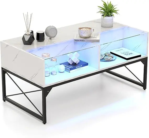 LED Coffee Table With Glass Top And 4 Storage Cubes