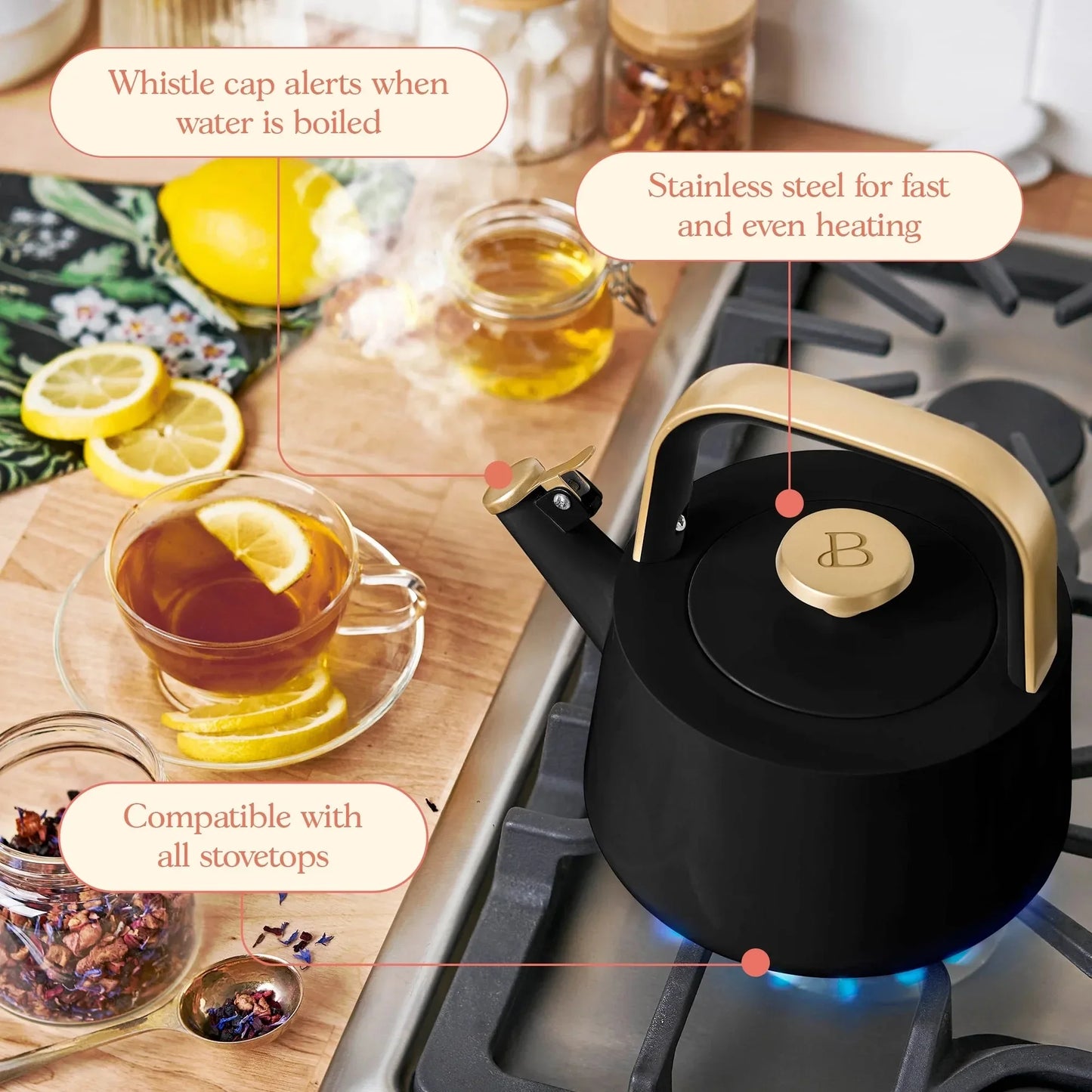Ceramic Tea Kettle Whistling Nonstick Easy Pour for Induction Stoves