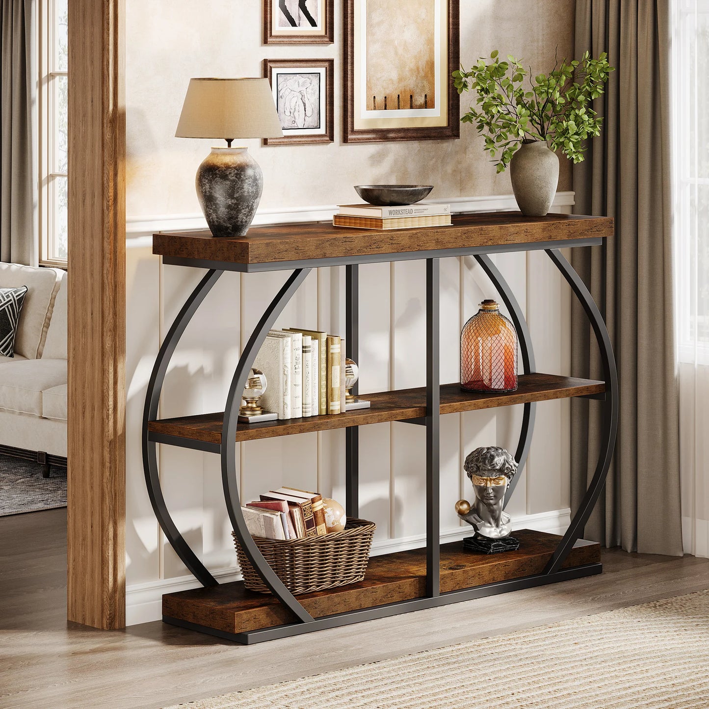 Tribesigns Industrial SteelFrame Console Table ThreeTier Entryway With Storage Shelves