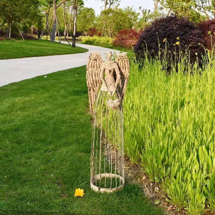 Rustic Metal Garden Angel Statue for Yard and Home Decor