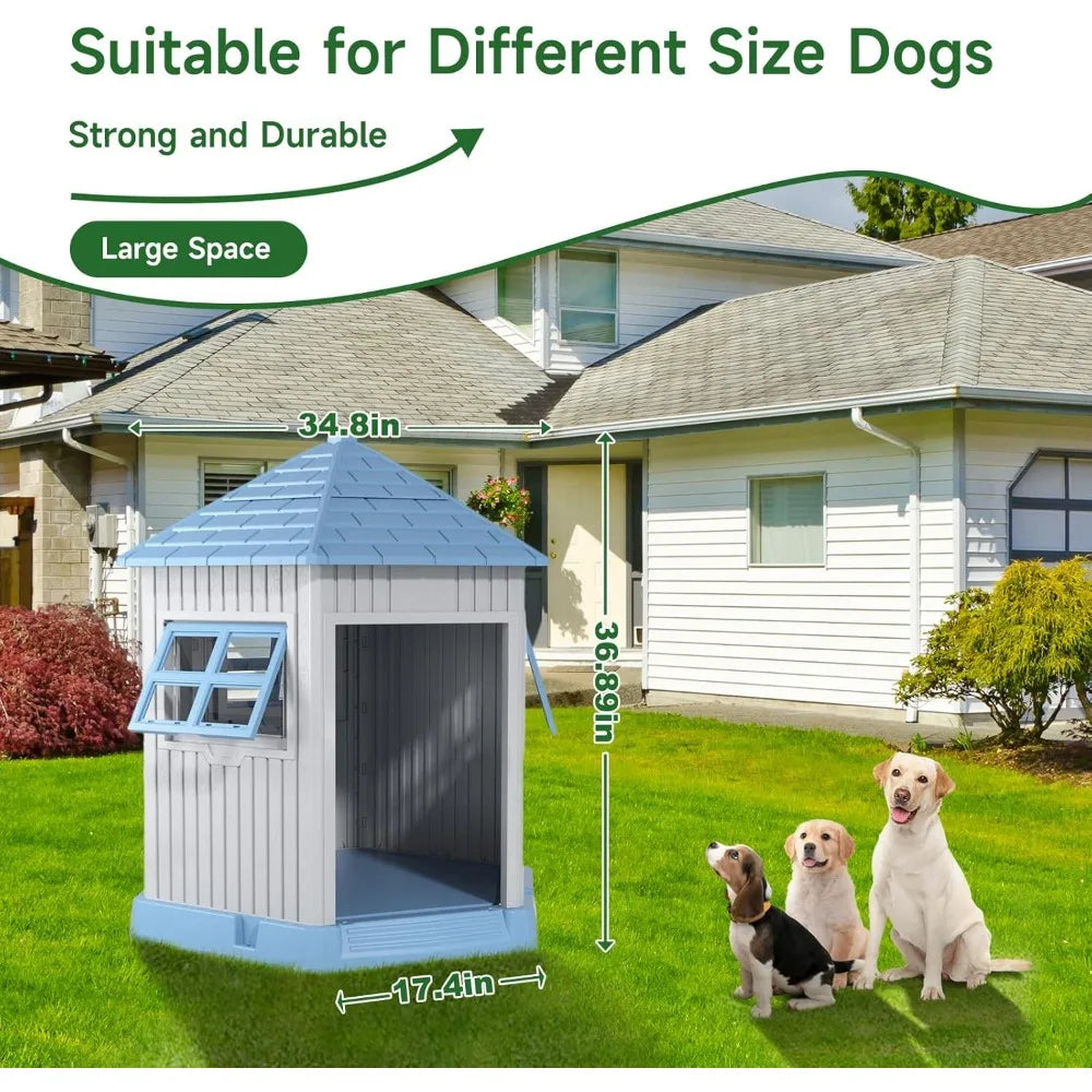 AllSeasonWeatherproof Outdoor Dog House Shelter With Reinforced Window Raised Floor