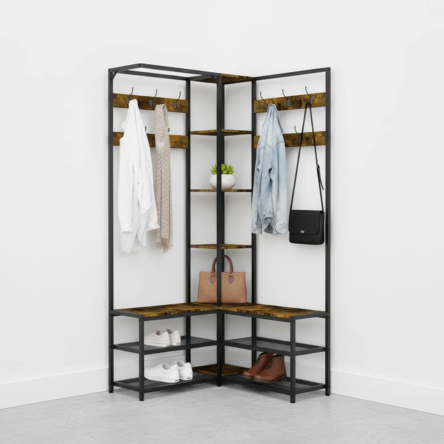 BINGOPAW Architectural-GradeIndustrial-Strength L-Shaped Corner Coat Rack With Freestanding Shelving