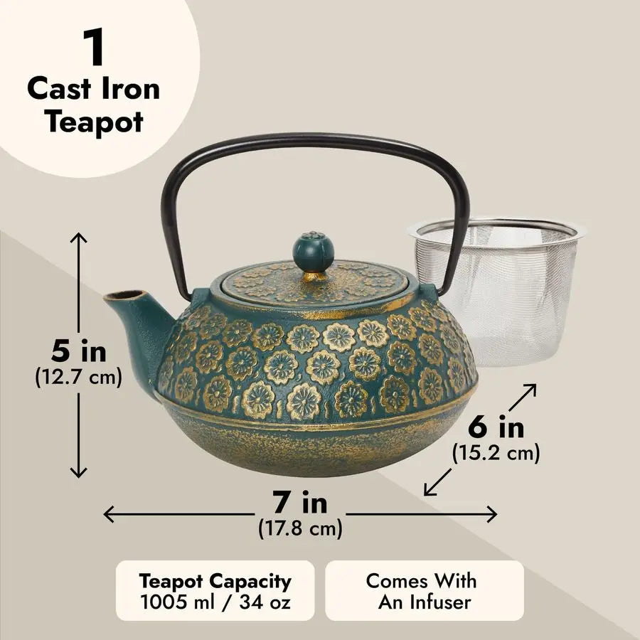 Floral Cast Iron Teapot With Infuser For Loose Leaf Tea