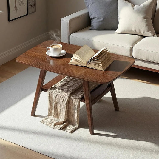Mid Century Modern Solid Wood Coffee Table With Tier Storage