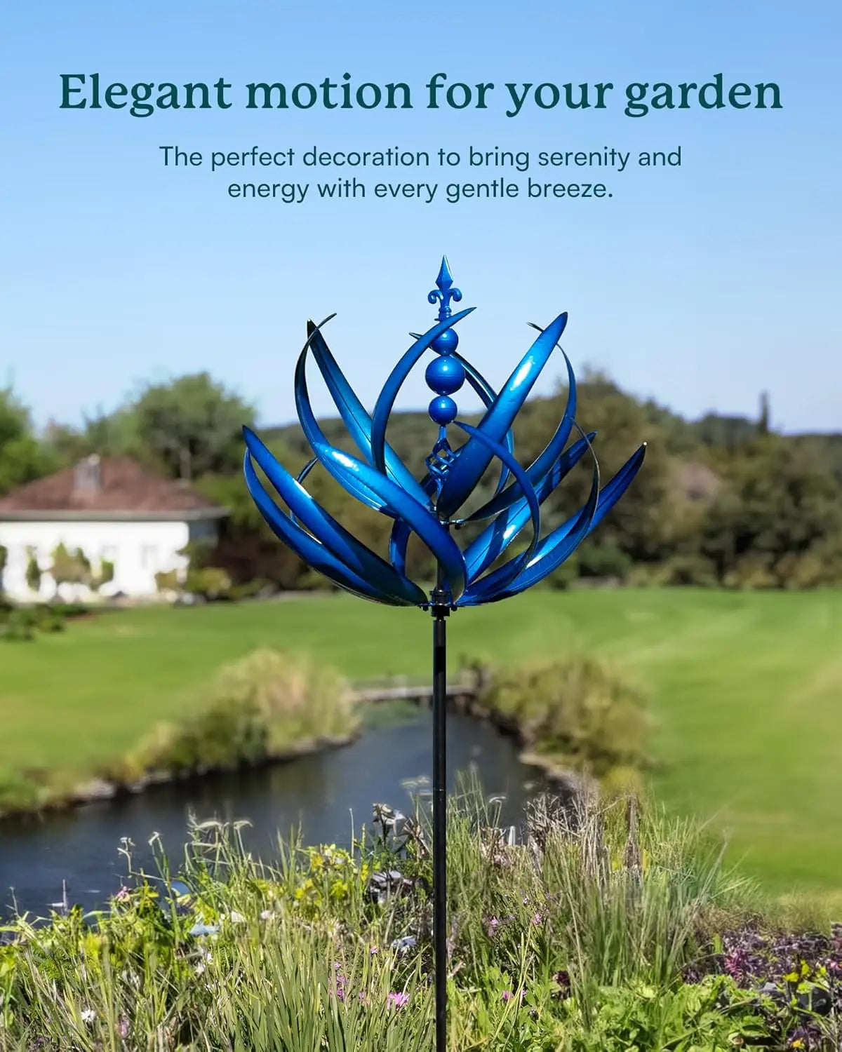 Metal Wind Spinner Garden Decor With Blue Lotus Weather Resistant