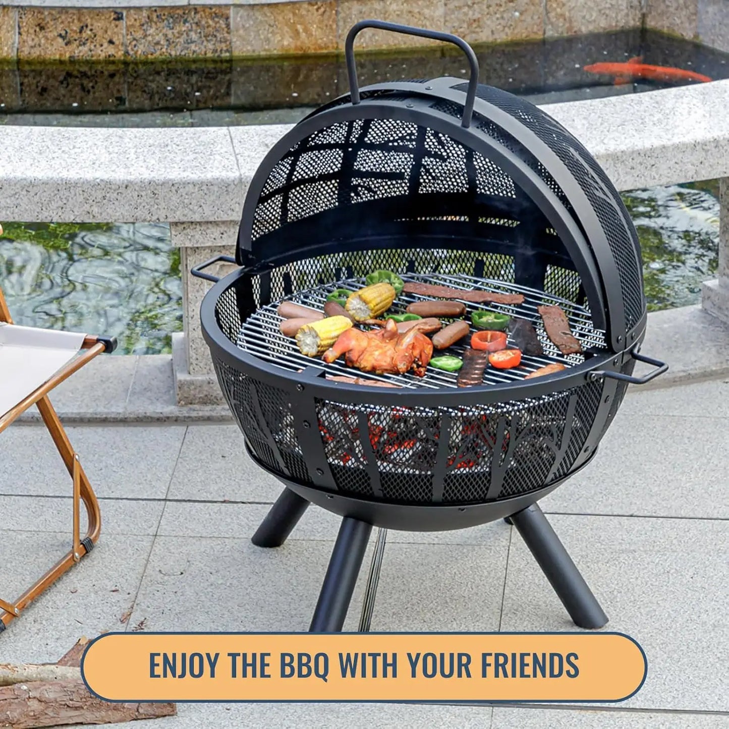 Wood Burning Fire Pit With BBQ Grill And Spark Screen