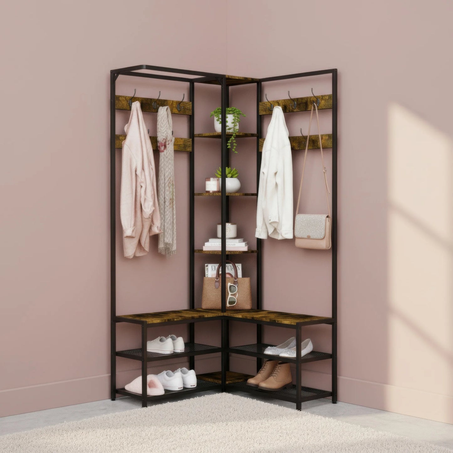 BINGOPAW Architectural-GradeIndustrial-Strength L-Shaped Corner Coat Rack With Freestanding Shelving