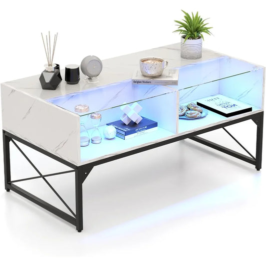 LED Coffee Table With Glass Top And 4 Storage Cubes