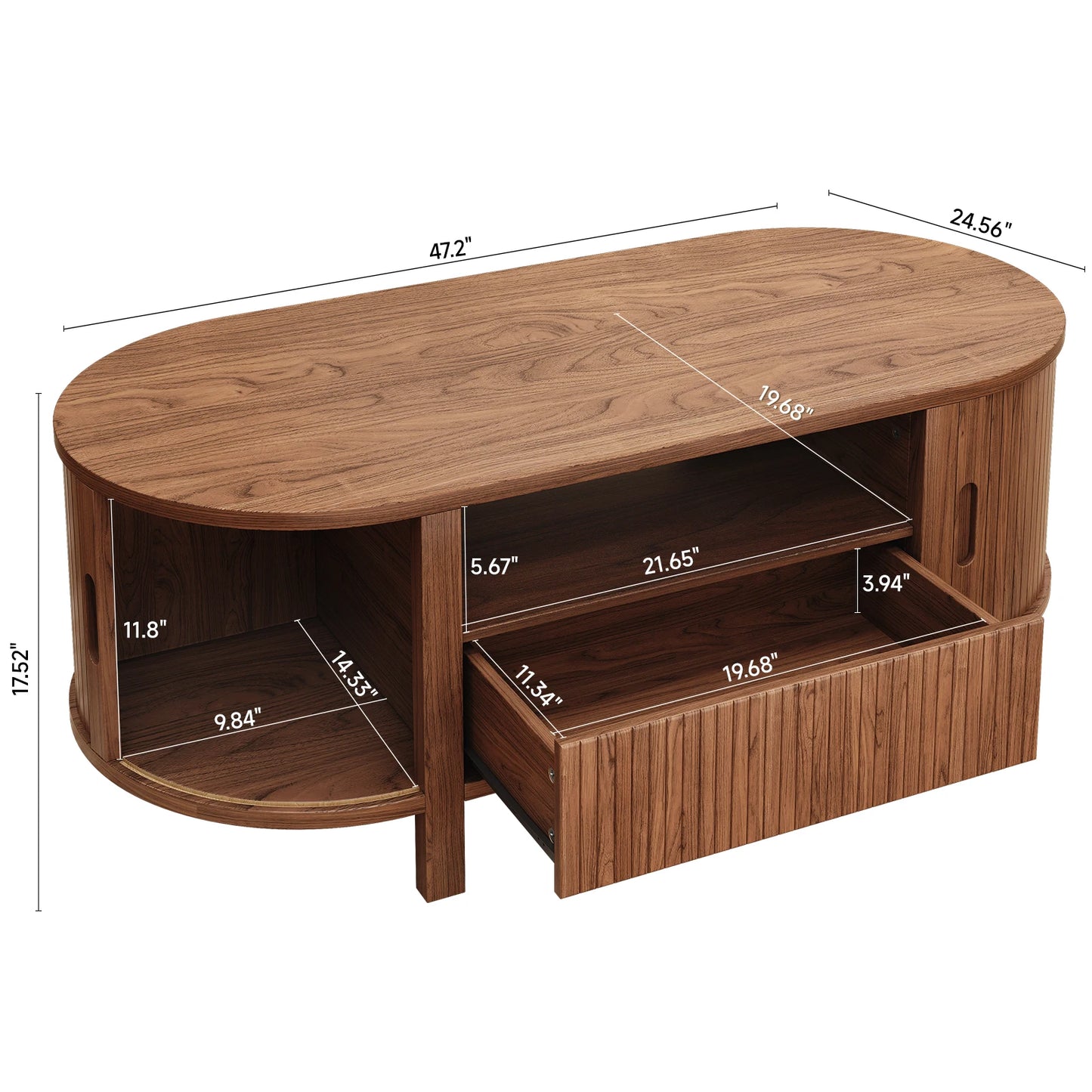 Oval Fluted Coffee Table With Cabinets And Sliding Doors Modern
