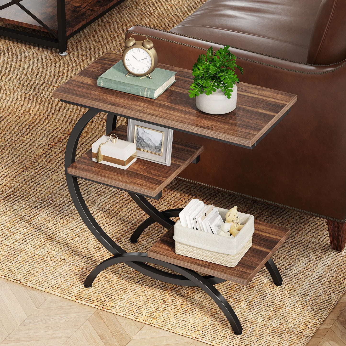 Tribesigns C Shaped End Table 3 Tier Industrial Sofa Side Table With Storage Shelves