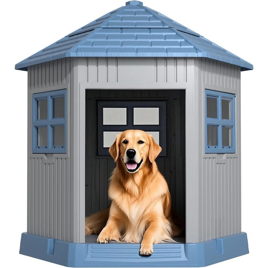 AllSeasonWeatherproof Outdoor Dog House Shelter With Reinforced Window Raised Floor
