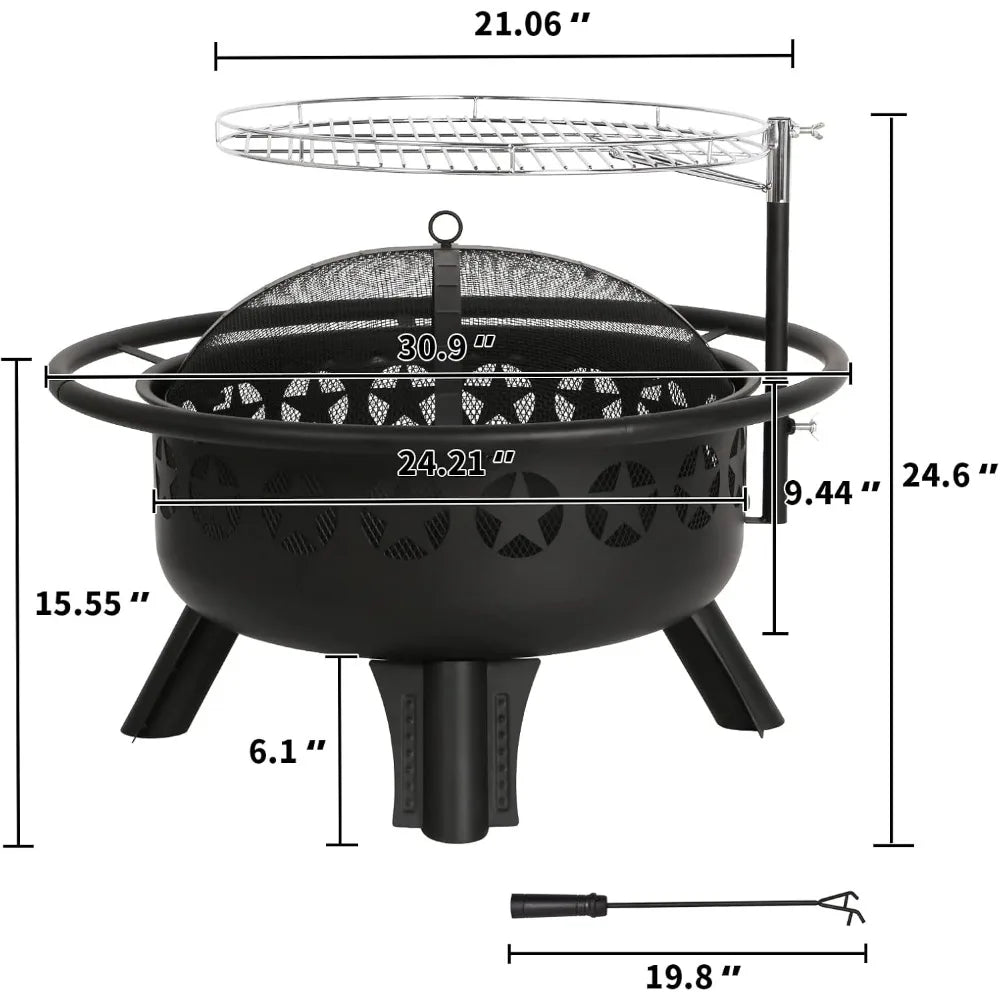2 In 1 Fire Pit With Grill Swivel Cooking Grate Wood Burning Durable Powder Coated Alloy Steel For Backyard