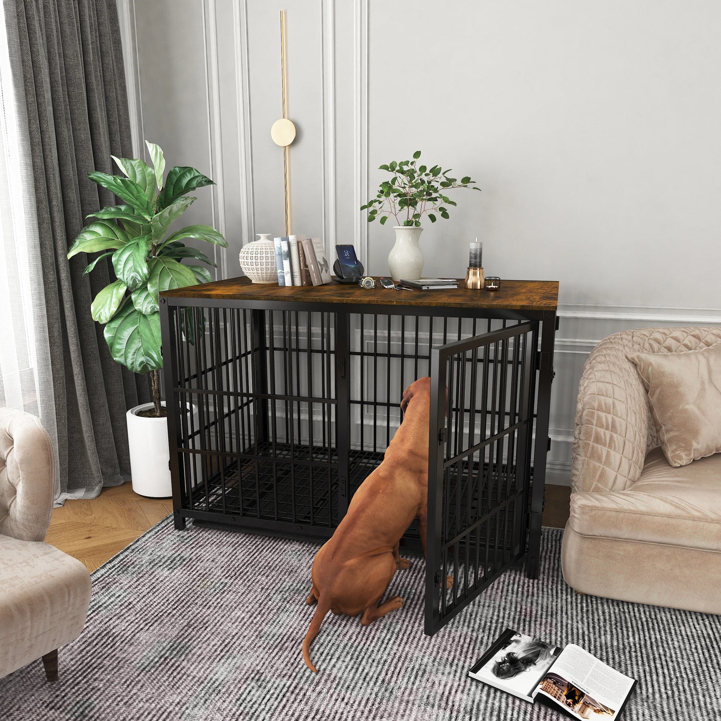 Bingopaw Dog Kennel End Table With Tray And 3 Doors
