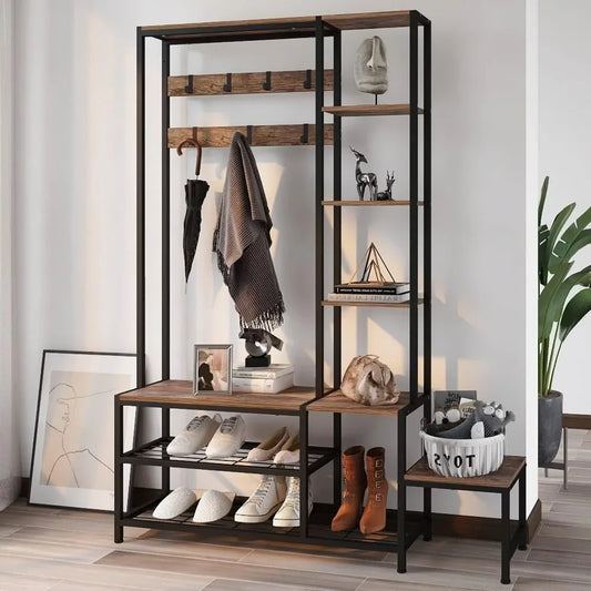 Shoe Storage Bench Coat Rack With 7 Hooks And Shelves