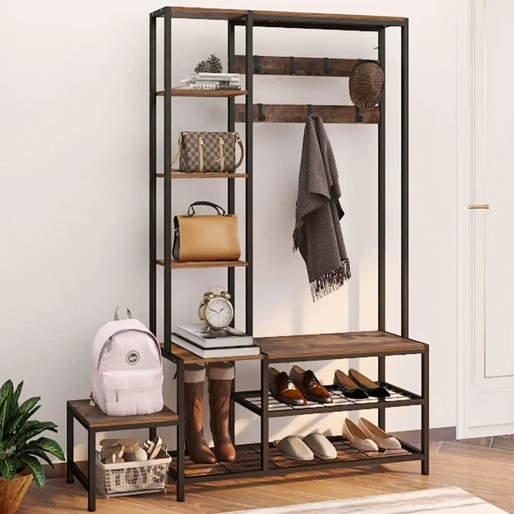 Shoe Storage Bench Coat Rack With 7 Hooks And Shelves