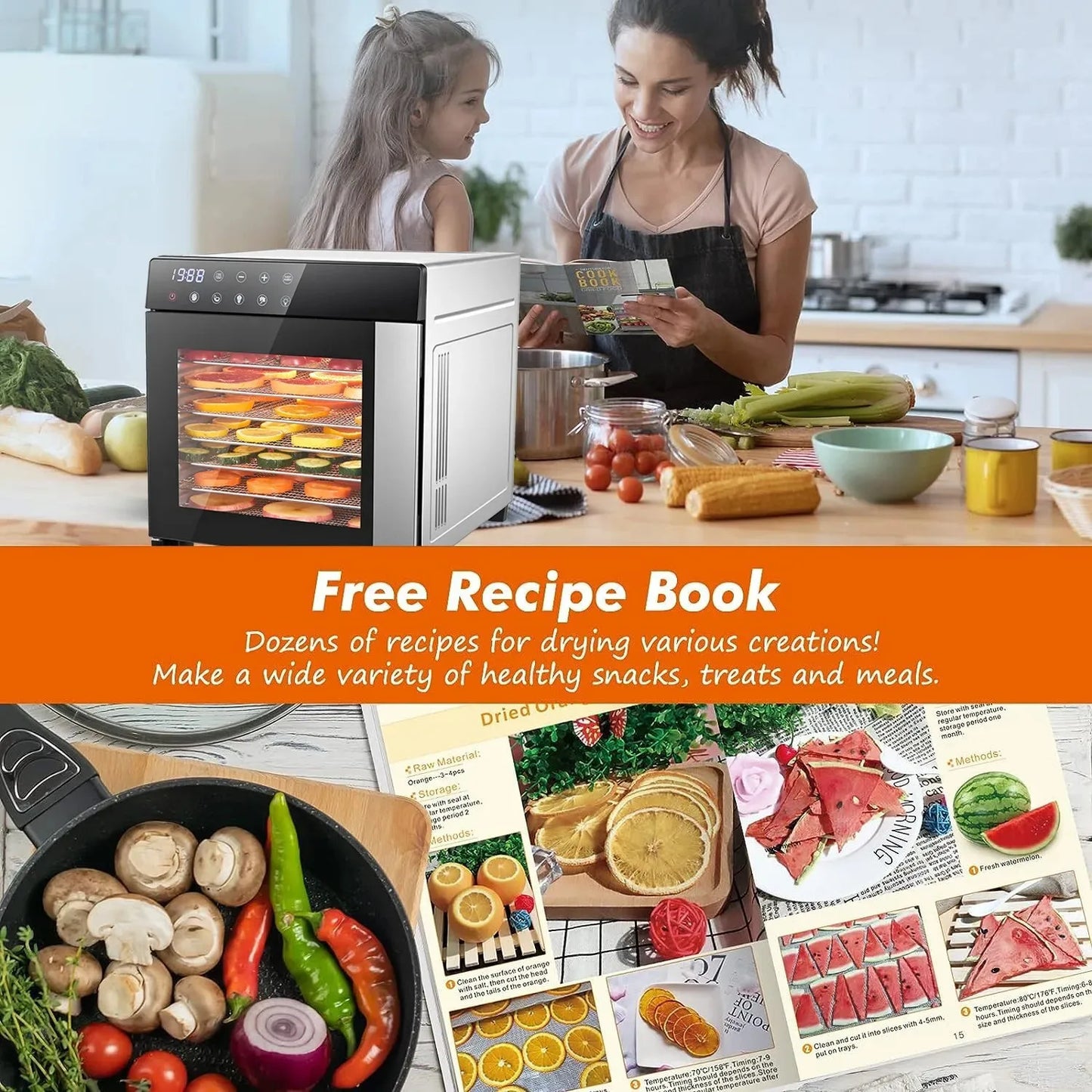SNDOAS 8-Tray Stainless Steel Food Dehydrator 600W With Digital Timer