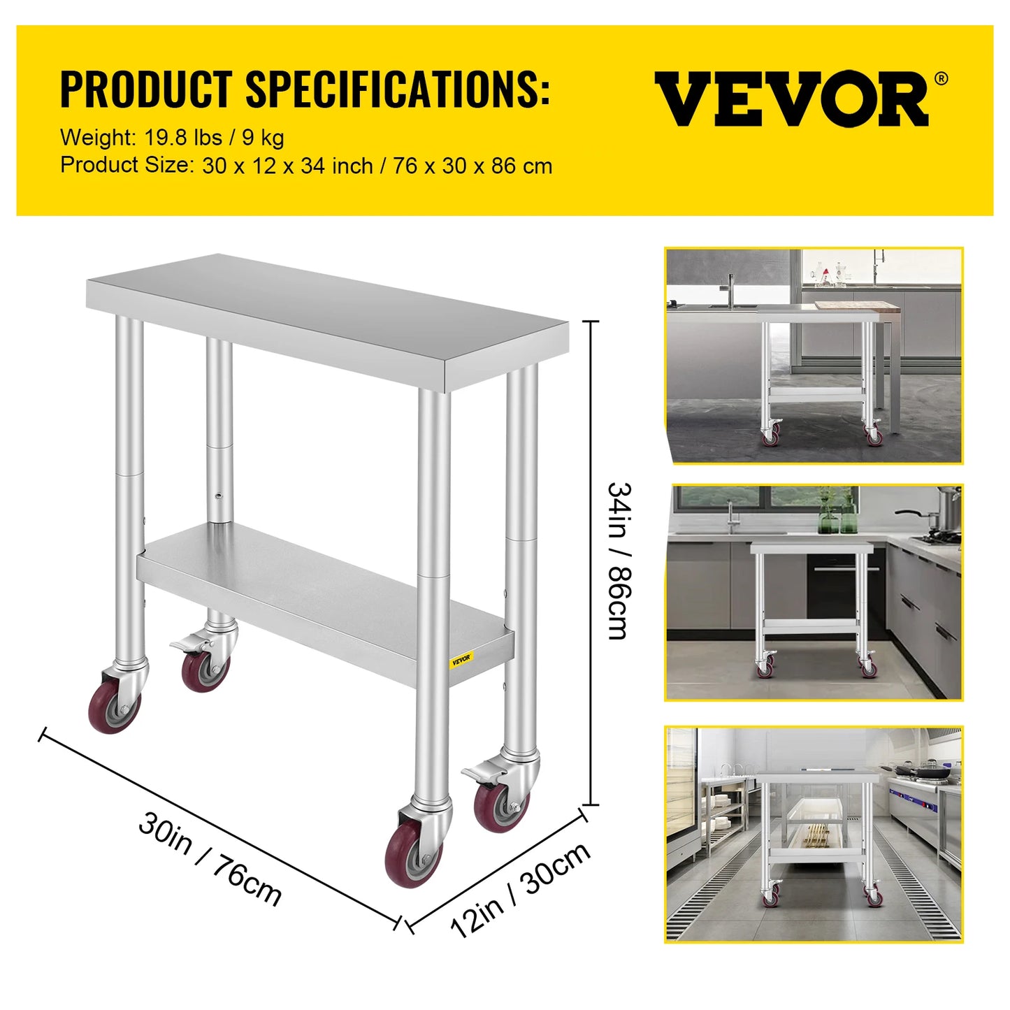 SucceBuy Stainless Steel Kitchen Work Table With Caster Wheels