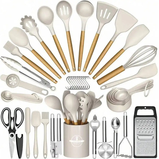 44 Piece Silicone Kitchen Utensil Set With Holder And Wood Handle