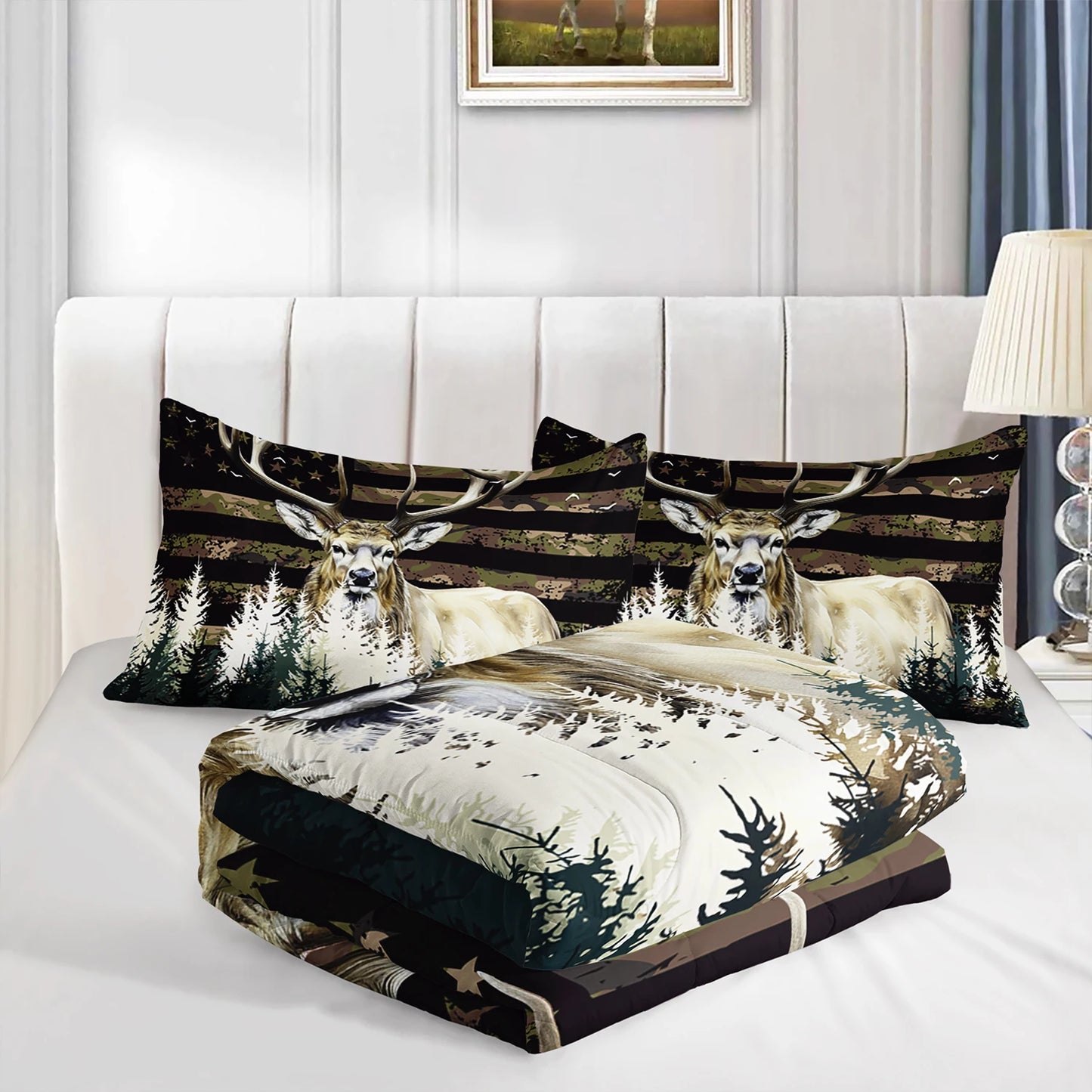 Deer Forest Camouflage Comforter Set With Pillowcases For Woodland Bedroom