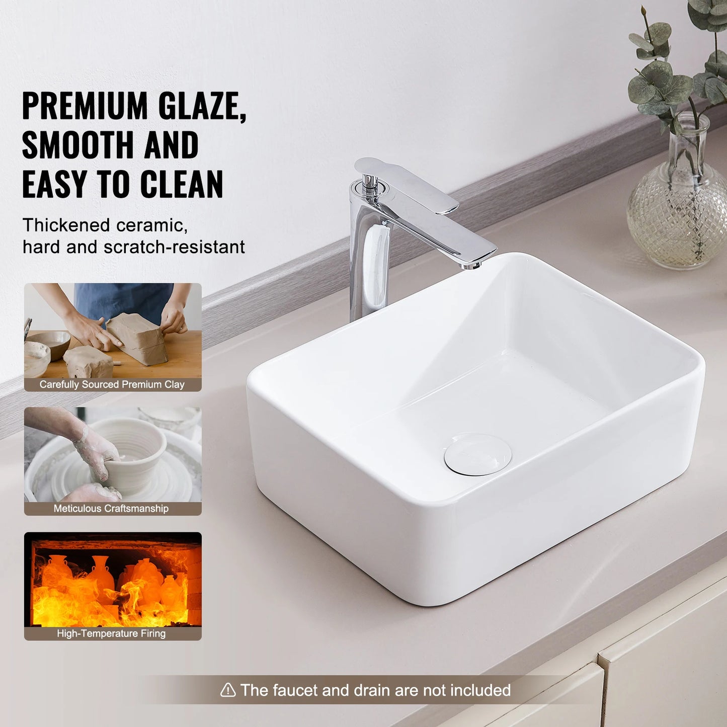 Rectangular Ceramic Vessel Sink For Above Counter Bathroom
