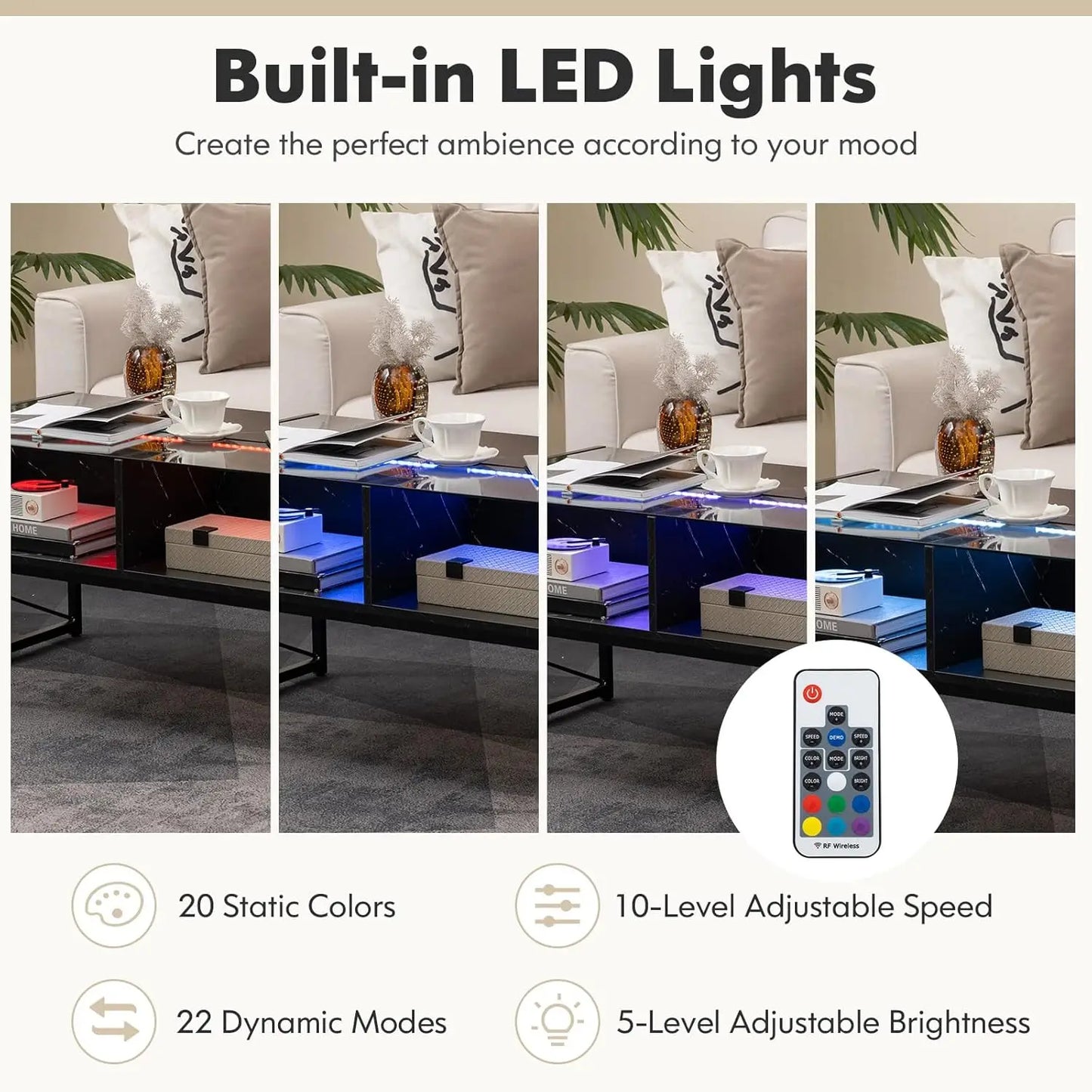 LED Coffee Table With 4 Storage Cubes And Remote Control