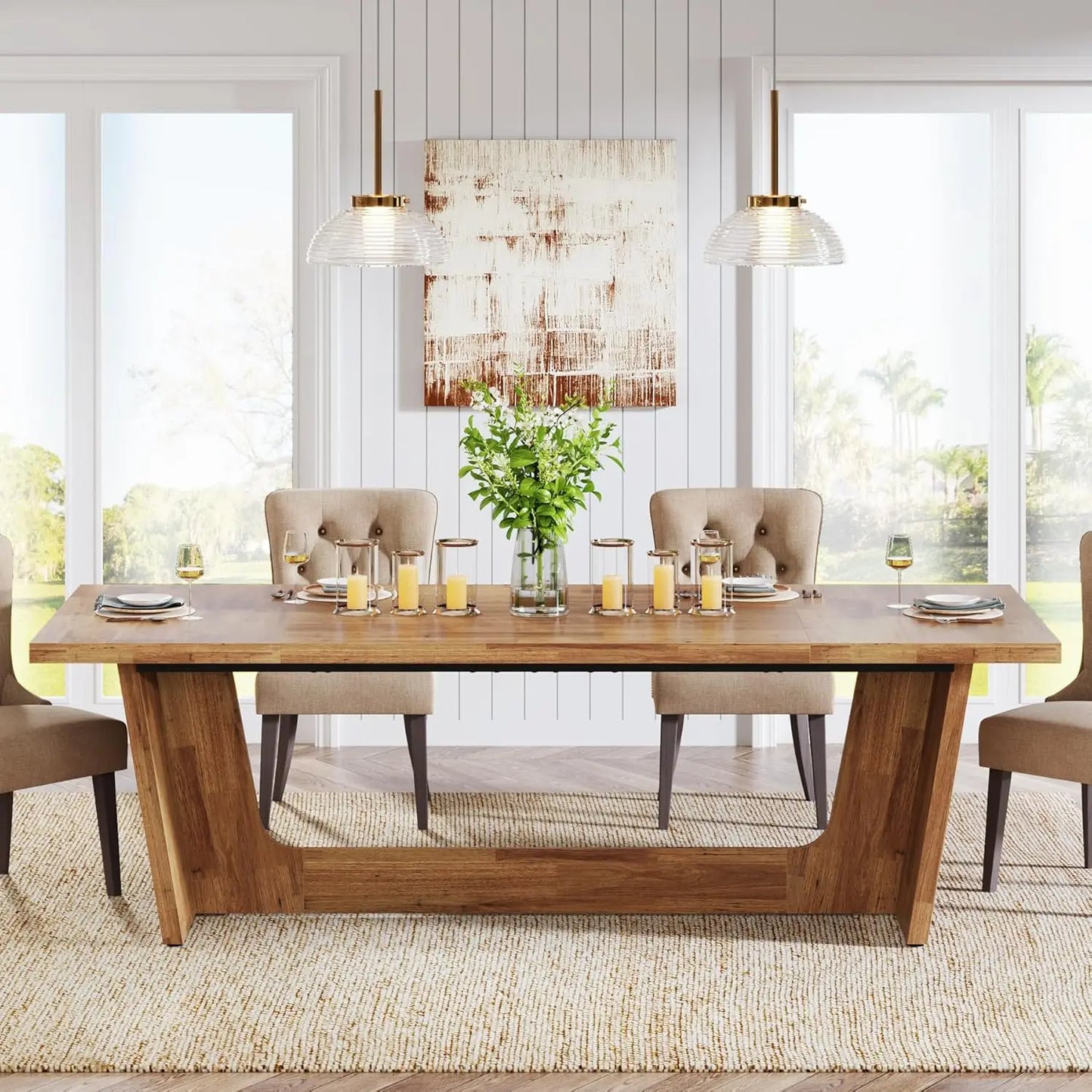Wooden Farmhouse Dining Table With Sturdy Base