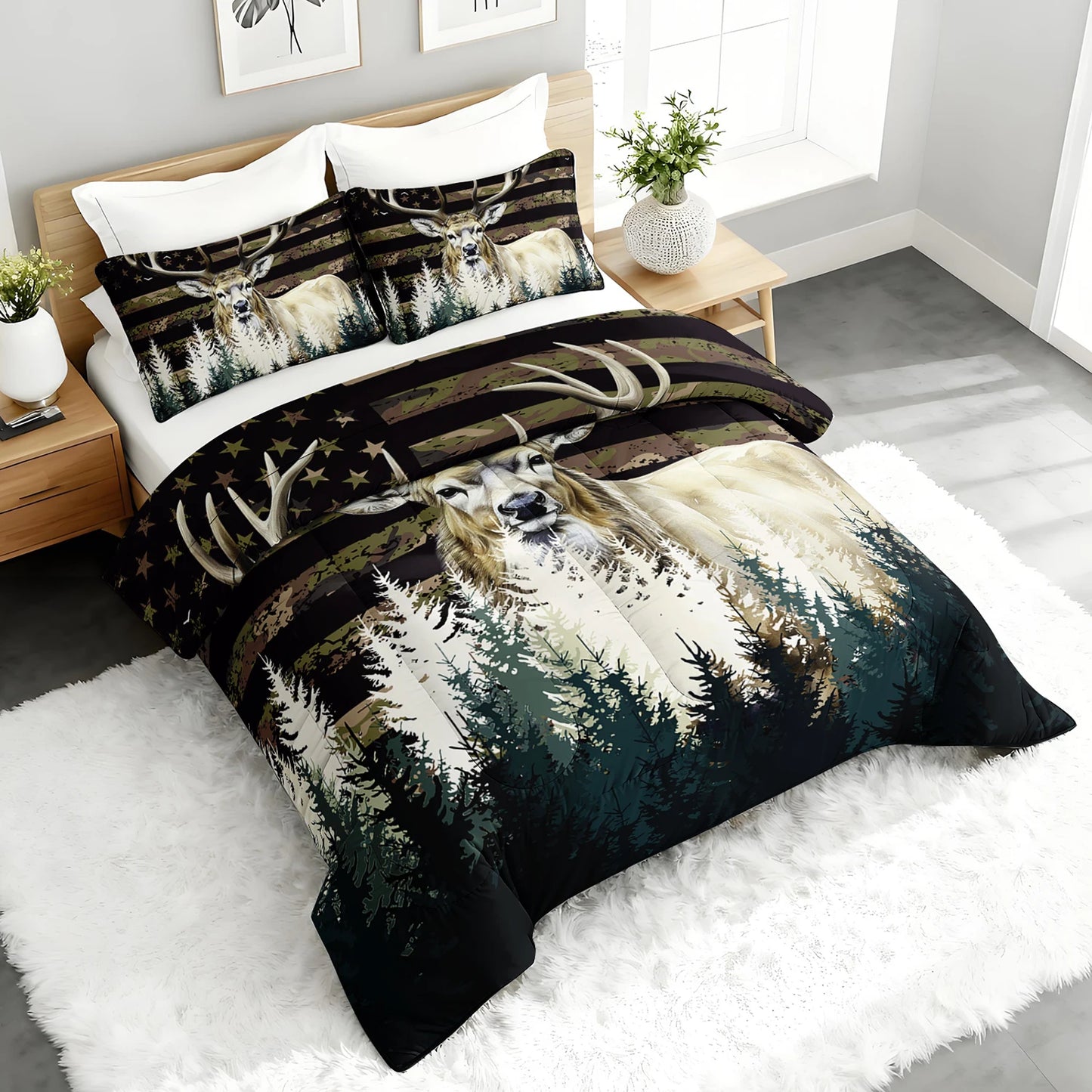 Deer Forest Camouflage Comforter Set With Pillowcases For Woodland Bedroom