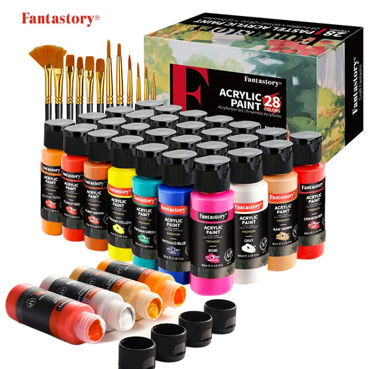 Fantastory 28 Classic Acrylic Paint Set With 12 Brushes For Wood Stone