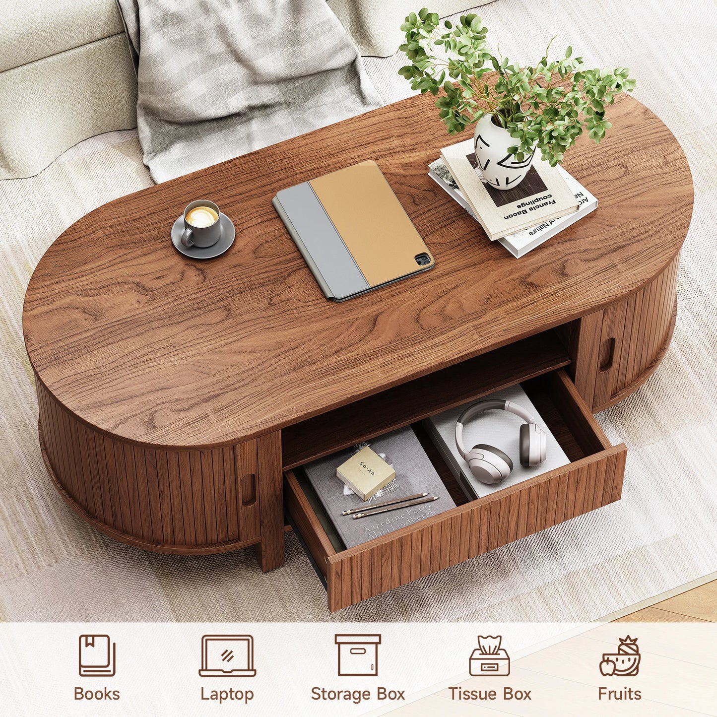 Oval Fluted Coffee Table With Cabinets And Sliding Doors Modern