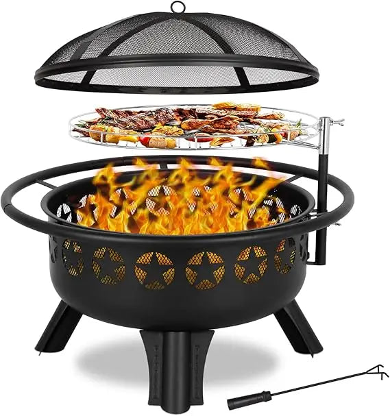 2 In 1 Fire Pit With Grill Swivel Cooking Grate Wood Burning Durable Powder Coated Alloy Steel For Backyard