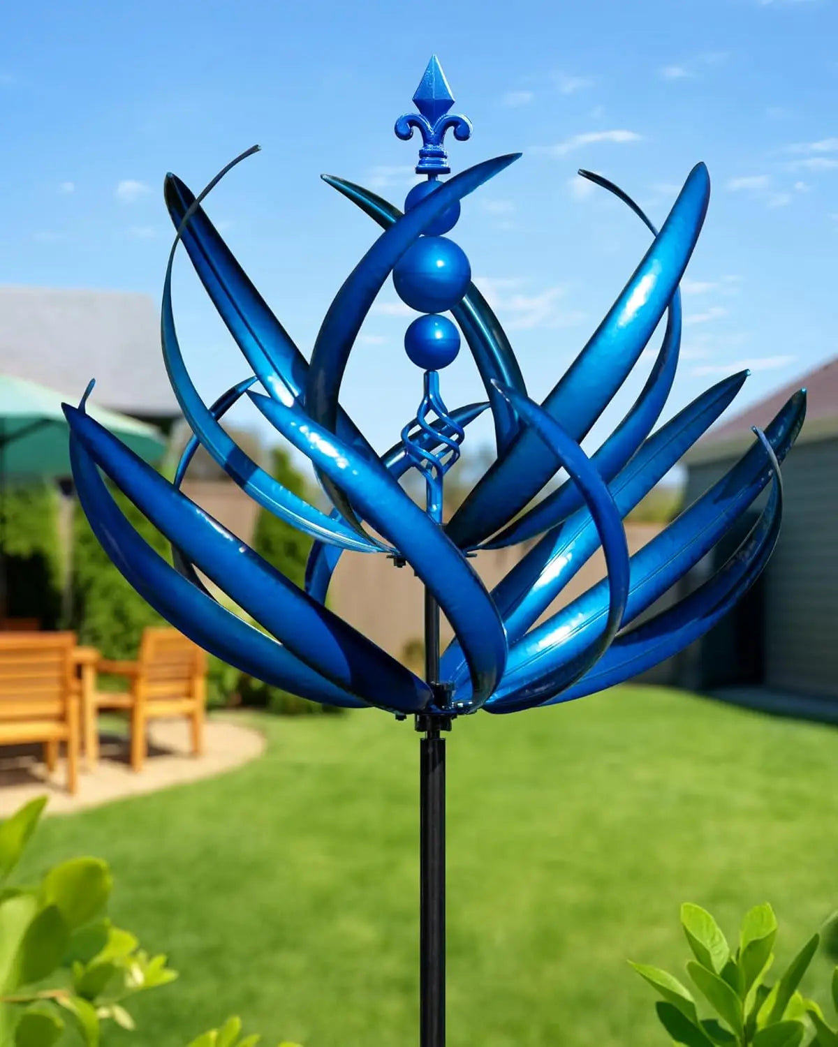 Metal Wind Spinner Garden Decor With Blue Lotus Weather Resistant